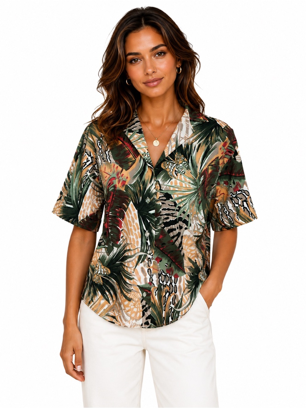 Vintage Caribou Tropical Safari Button Up Blouse USA Jungle Print Resort Top